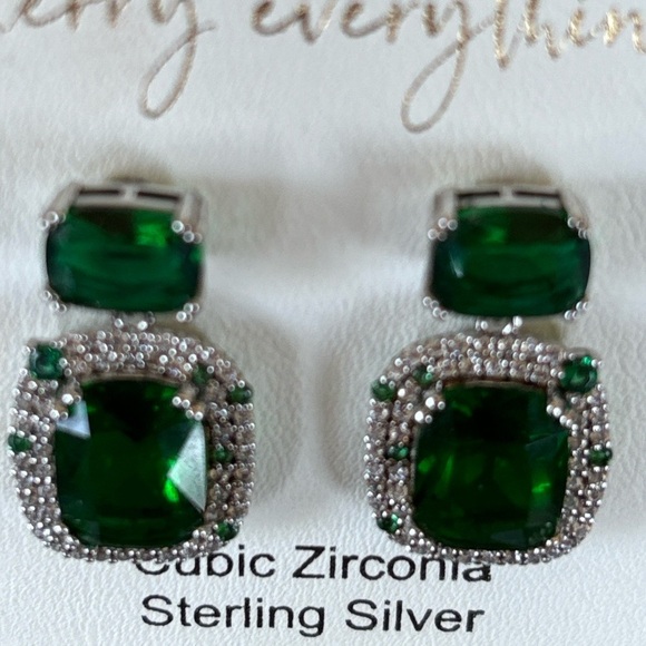 Rachel Zoe Sterling Silver CZ Emerald Green Baguette Drop Earrings Christmas - Picture 8 of 12